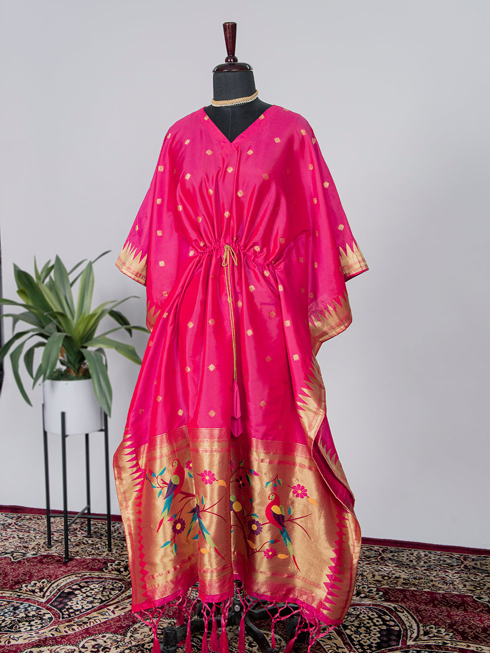 Pink Color Weaving Zari Work Jacquard Paithani Kaftan