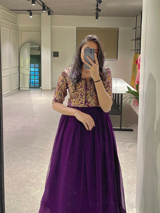 Purple Color Weaving Zari Work Georgette Gown