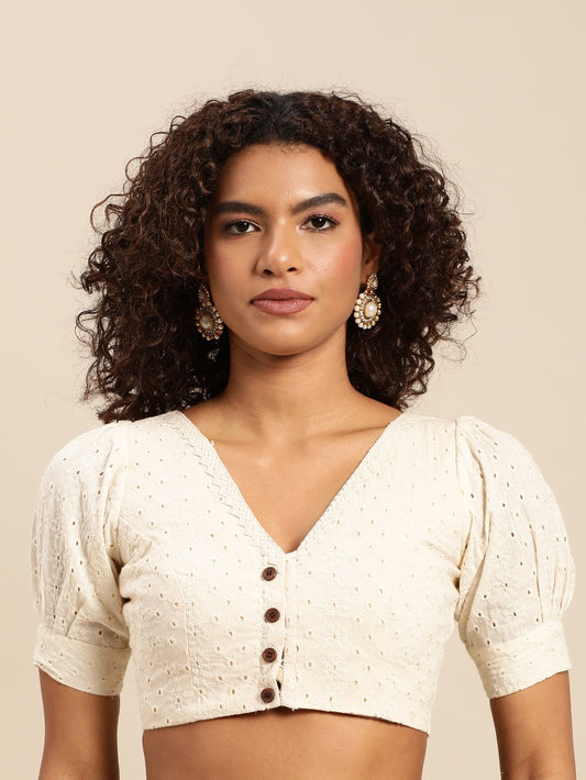 Off White Color Lucknowi Work Cotton Ready Made Blouse
