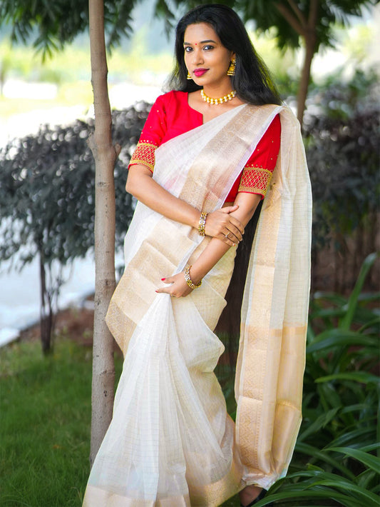 White Color Weaving Zari Work Organza Chex Saree