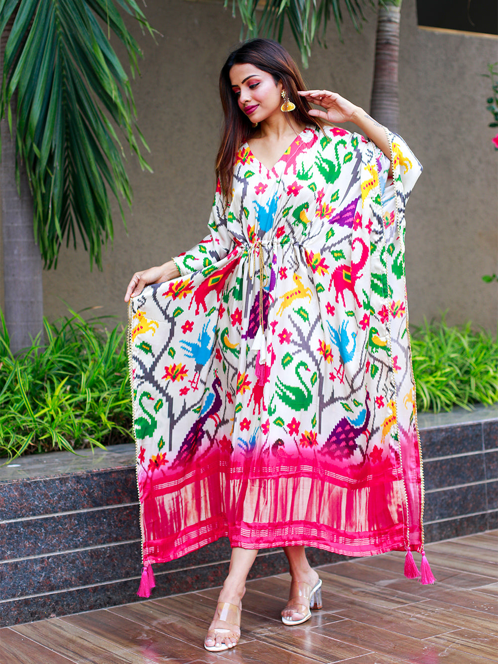 White Color Digital Bandhej Print Pure Gaji Silk Kaftan