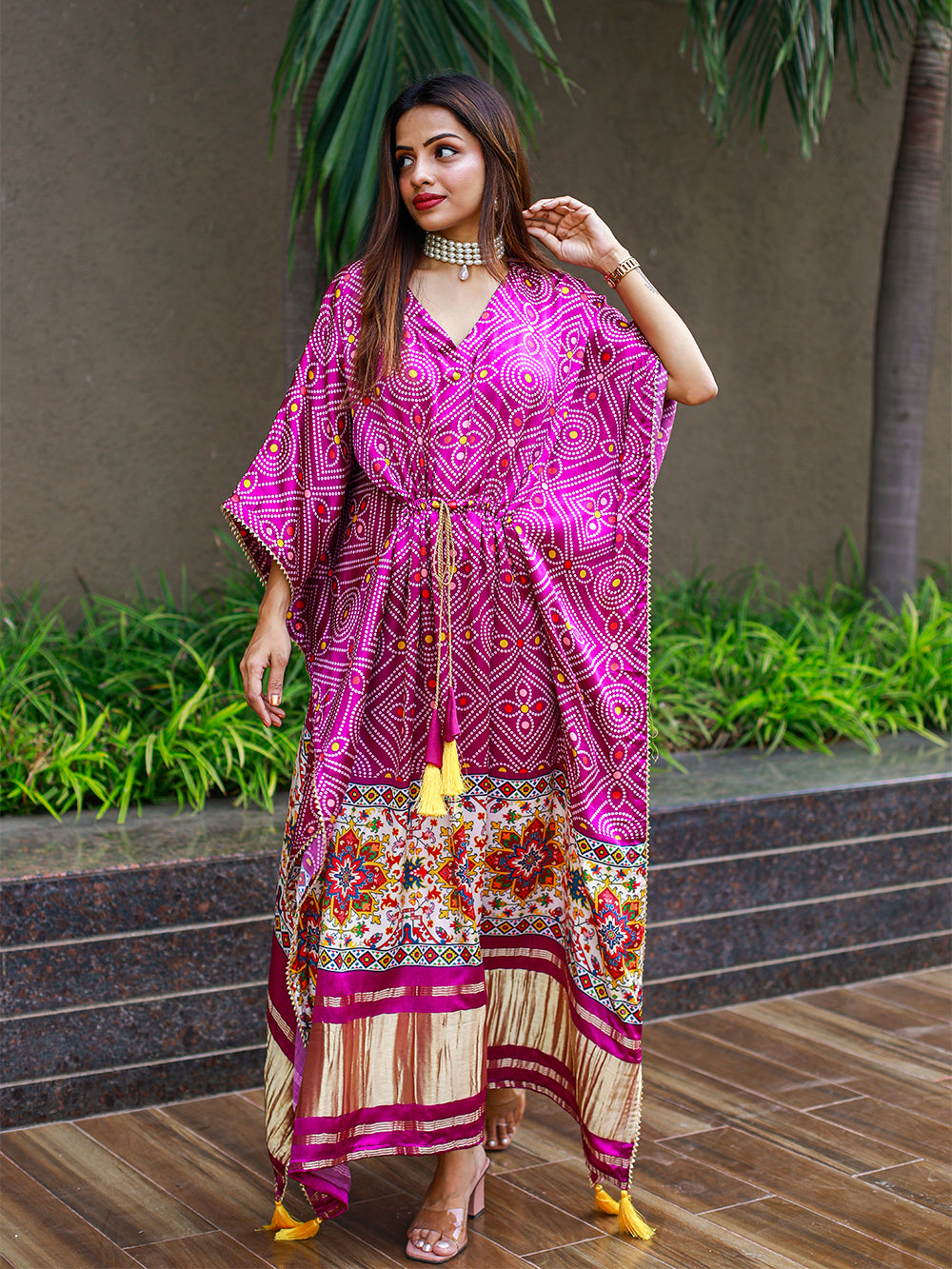 Wine Color Bandhej Digital Print Pure Gaji Silk Kaftan