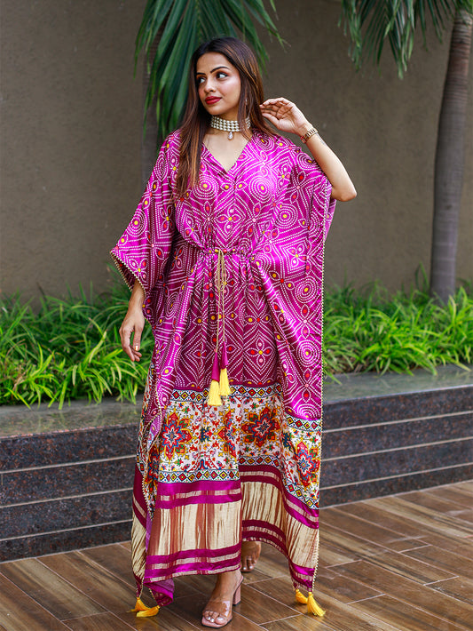 Wine Color Bandhej Digital Print Pure Gaji Silk Kaftan