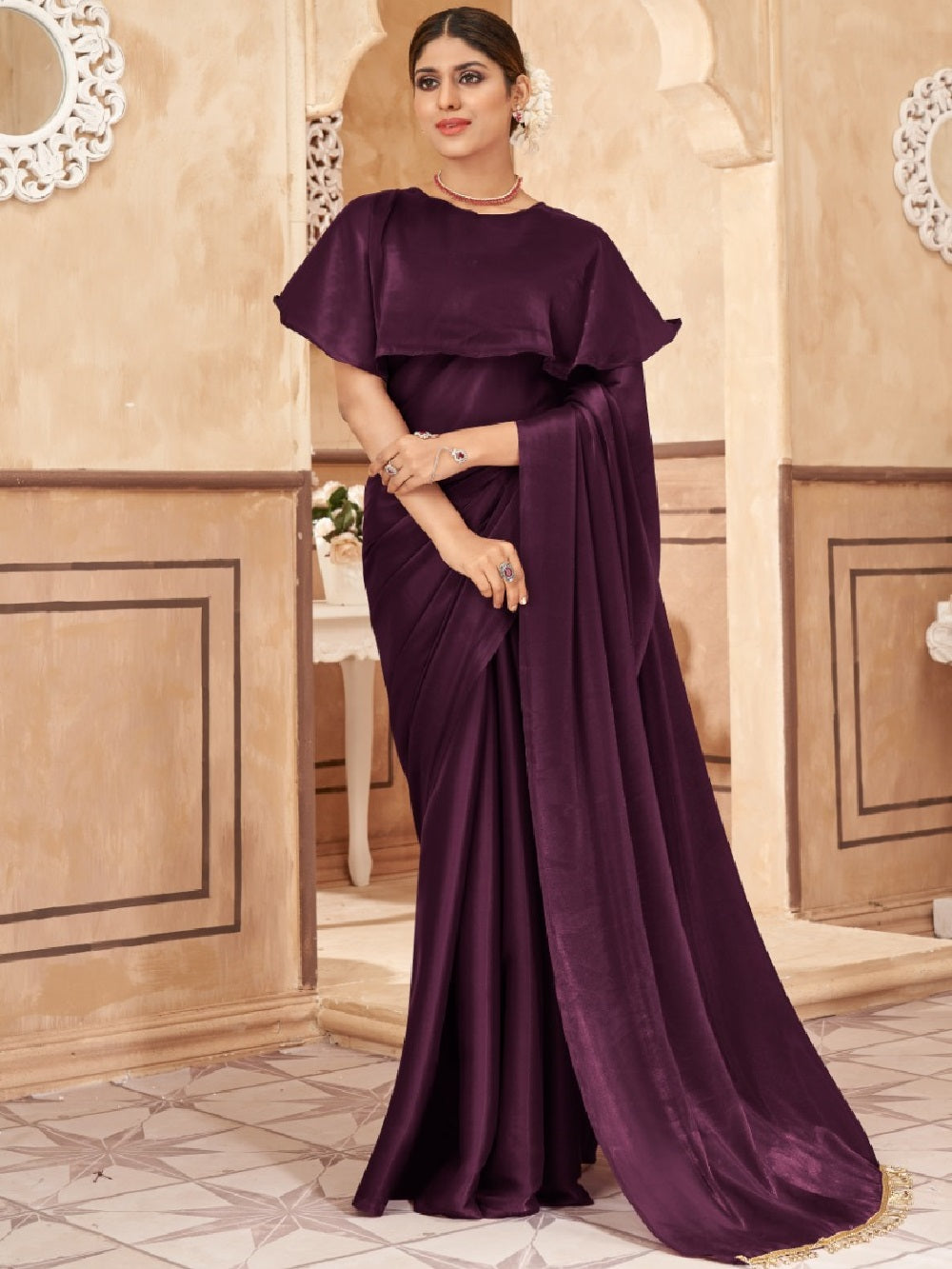 Wine Color  Jimi Silk Saree With Pallu Lace Border