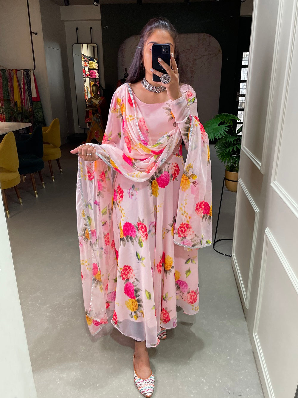 Light Pink Color Floral Printed Anarkali Style Chiffon Kurti