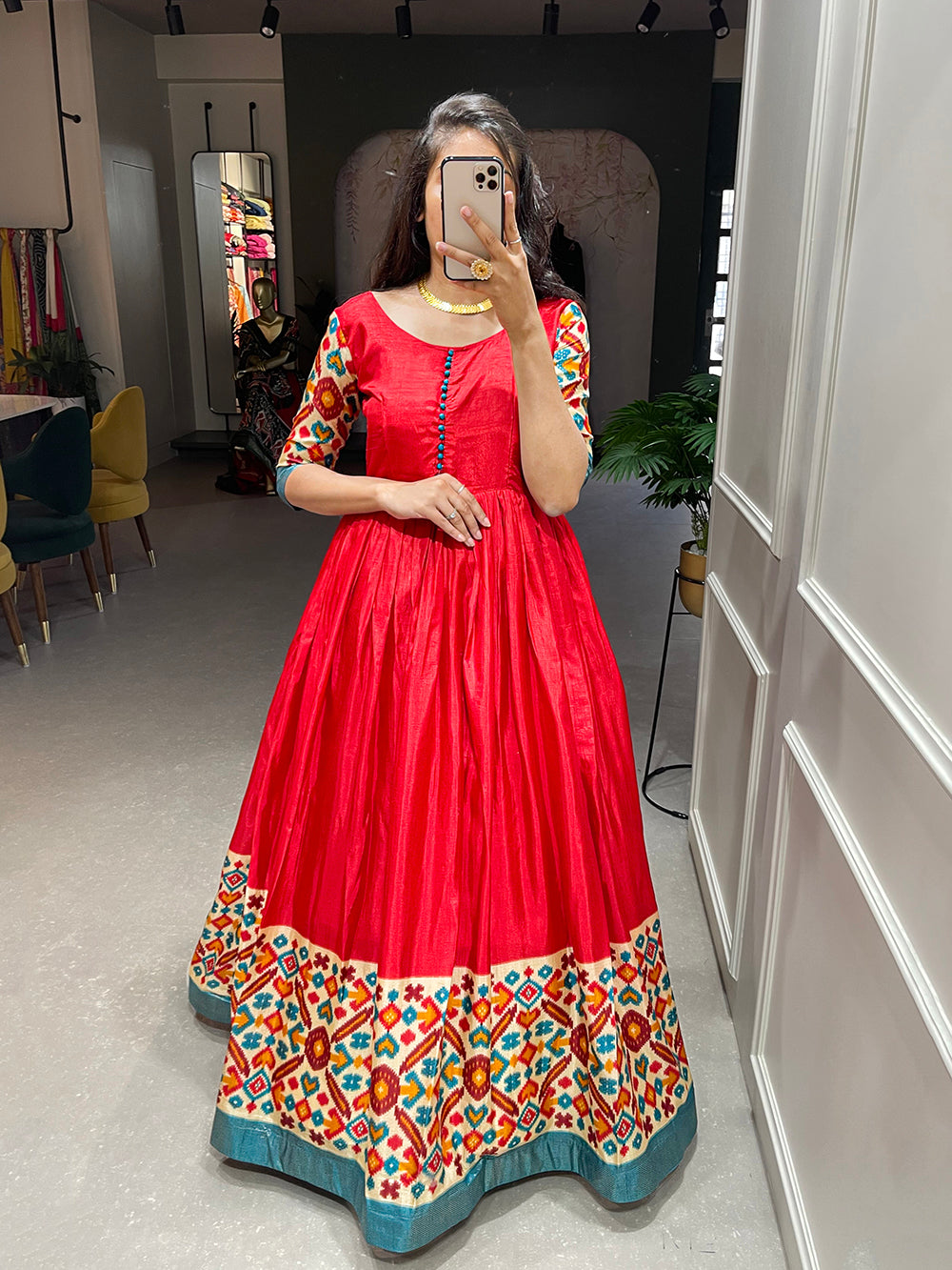 Red Color Foil Printed Dola Silk Gown