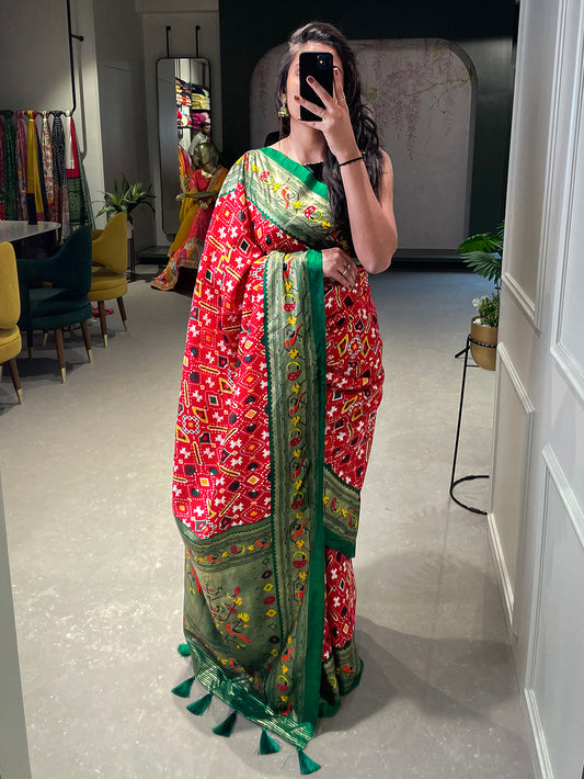Red Color  Patola Paithani Printed with Foil Work Dola Silk Saree