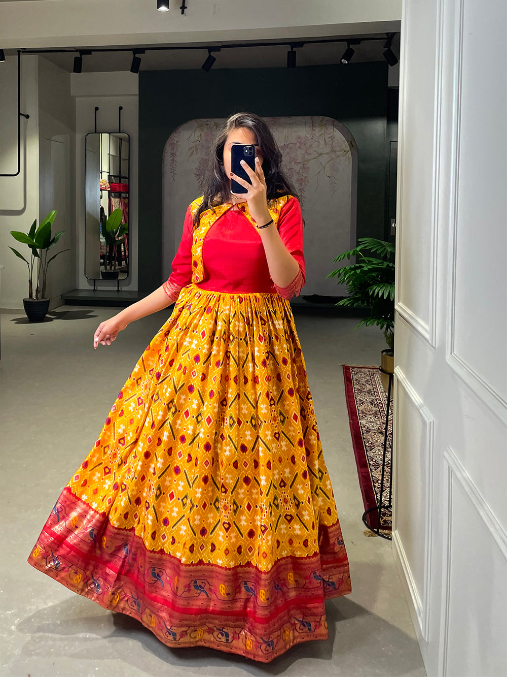 Yellow Color Patola Paithani Printed And Foil Printed Dola Silk Dress