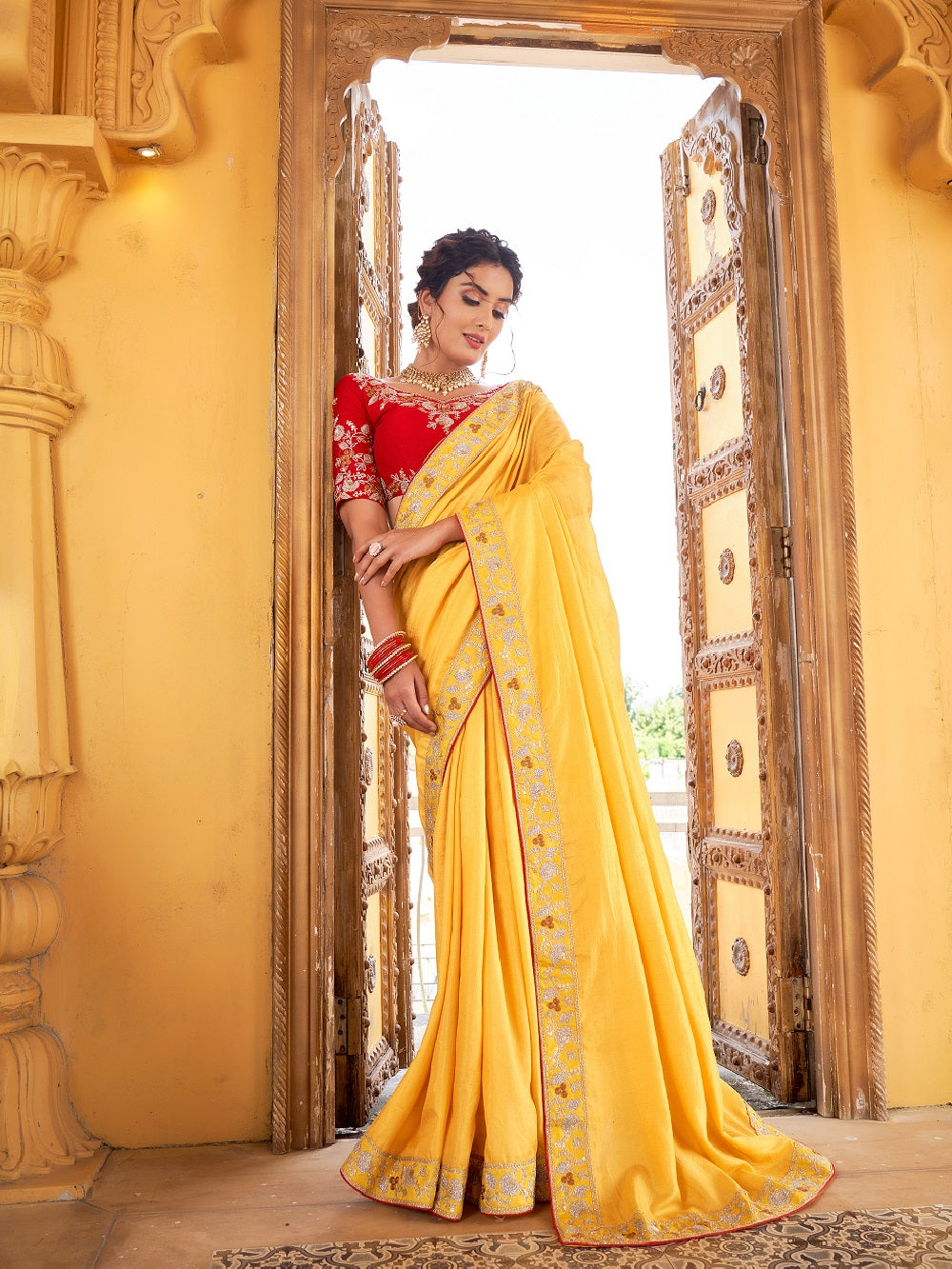 Yellow Color Vichitra Silk Saree