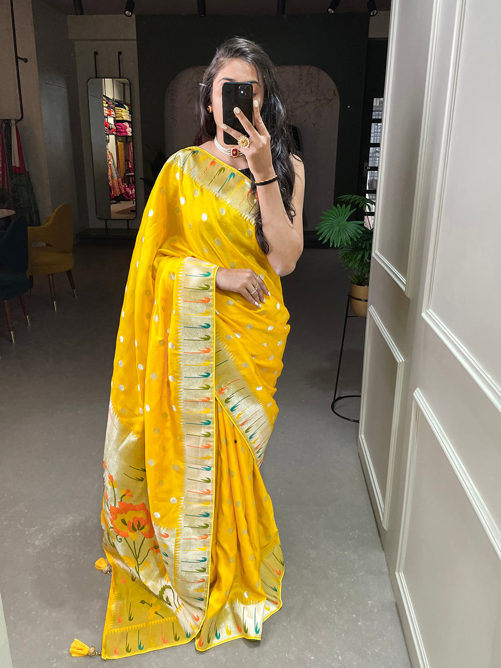 Yellow Color Zari Weaving Work Pure Viscose Saree